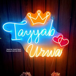 Neon Couple Names Sign with Double Hearts And Crown