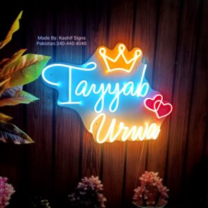 Neon Couple Names Sign with two Hearts And Crown