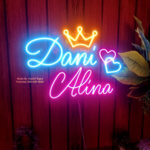 Neon Light Couple Names with two Hearts And Crown