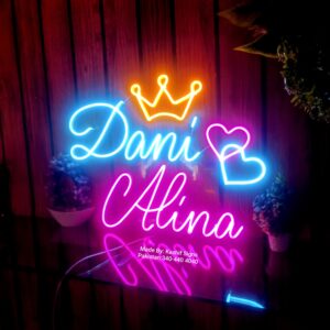 Neon Light Couple Names with two Hearts & Crown